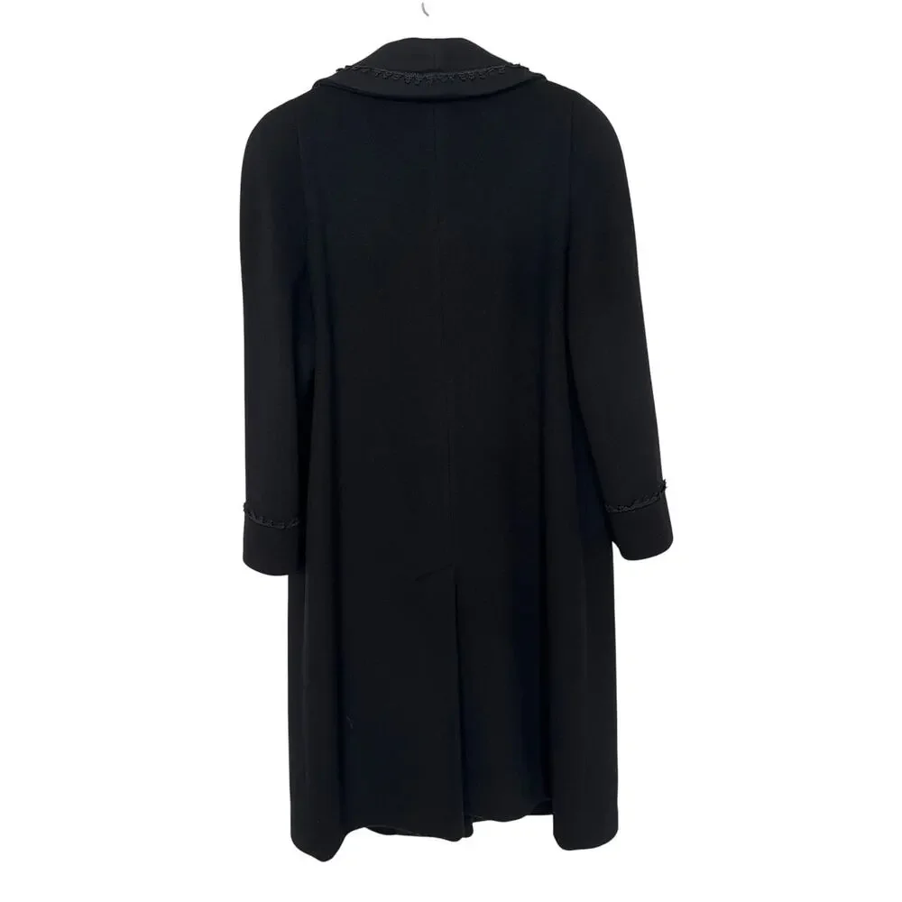 VTG Alorna Black Wool Coat Forstmann Trimmed Shawl Collar double breasted USA M